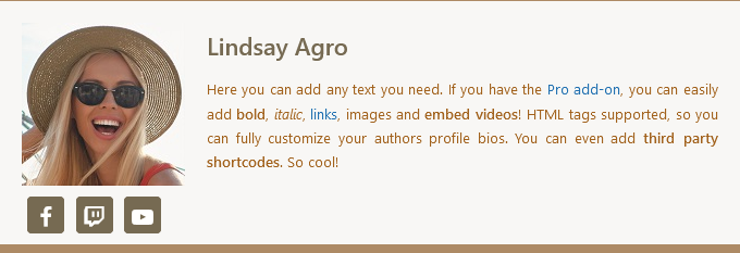 Slim layout with social icons below and solid borders